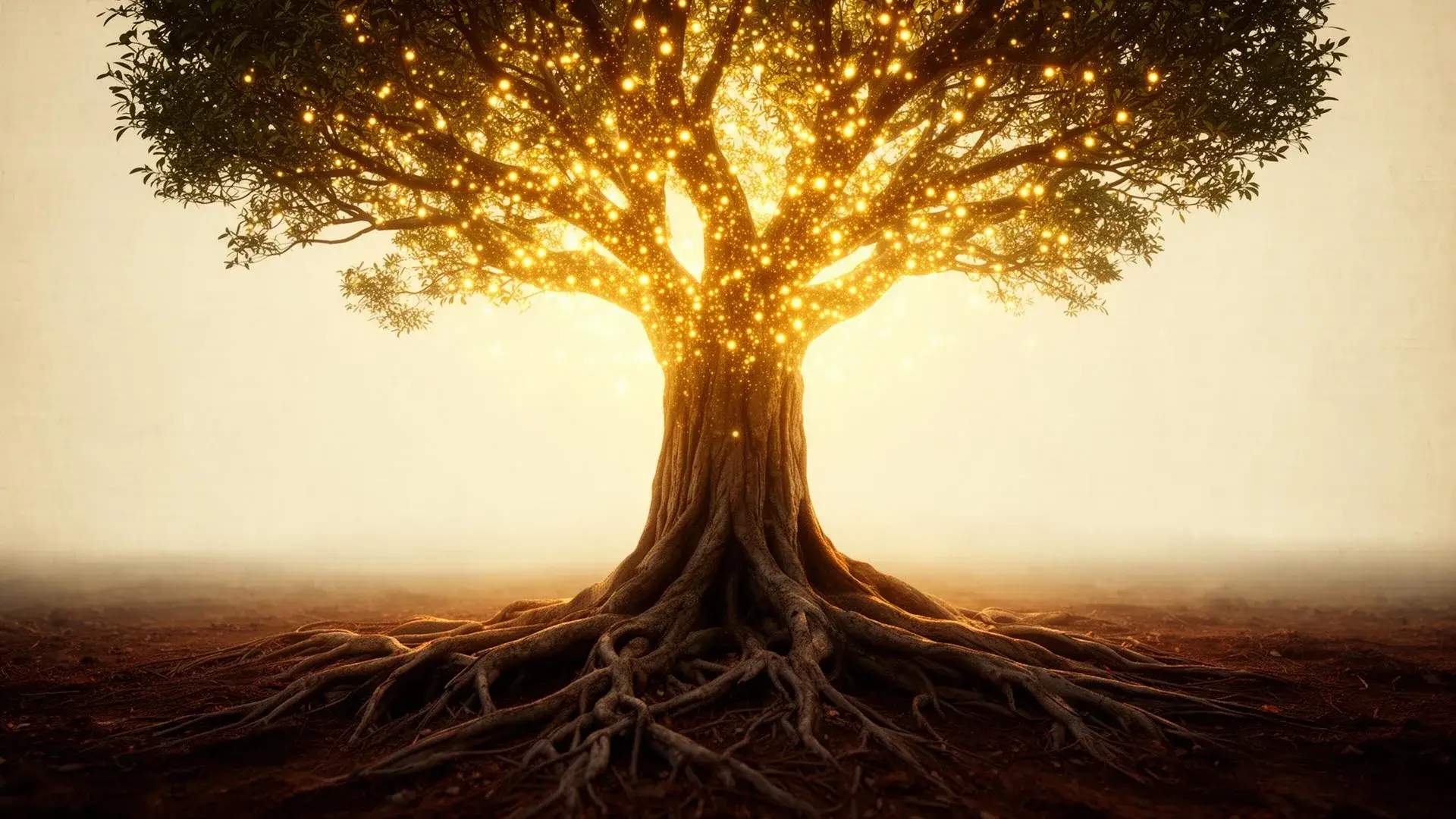 Árbol con raíces profundas iluminadas por luz dorada